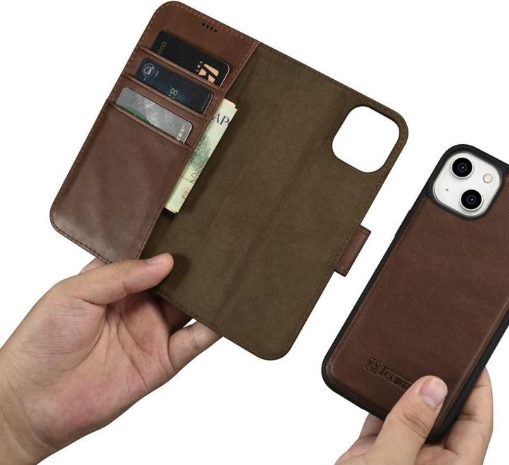Produktbild iCarer oil Wax Wallet Case 2 in1 Hülle iPhone 14 Leder Flip Cover Anti-RFID braun (WMI14220721-BN) (Apple iPhone 14)