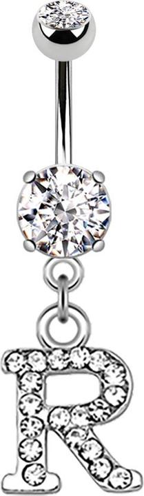 Star Piercing Banane silber mit Anhänger Kristall Buchstabe R (Messing, Chirurgenstahl 316L)