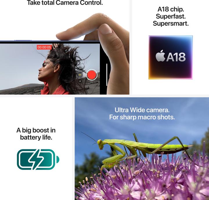 Produktbild Apple iPhone 16 (256 GB, White, 6.10", SIM + eSIM, 48 Mpx, 5G)