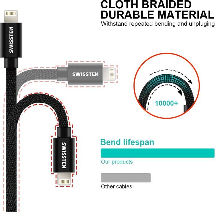 Actual product image Swissten Data cable textile USB / Lightning MFi 1.2 M (1.20 m, USB 2.0)