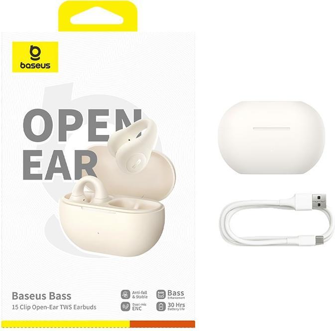 Actual product image Baseus Bass 15 Clip Open Ear Headphones True Wireless Stereo (TWS) in Ear Calls/Music Bluetooth White (ANC, 7.50 h, Wireless)