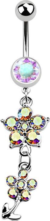 Star Piercing Banane silber mit Anhänger zwei Kristallblumen multicolor (ohne Messing, Chirurgenstahl 316L)