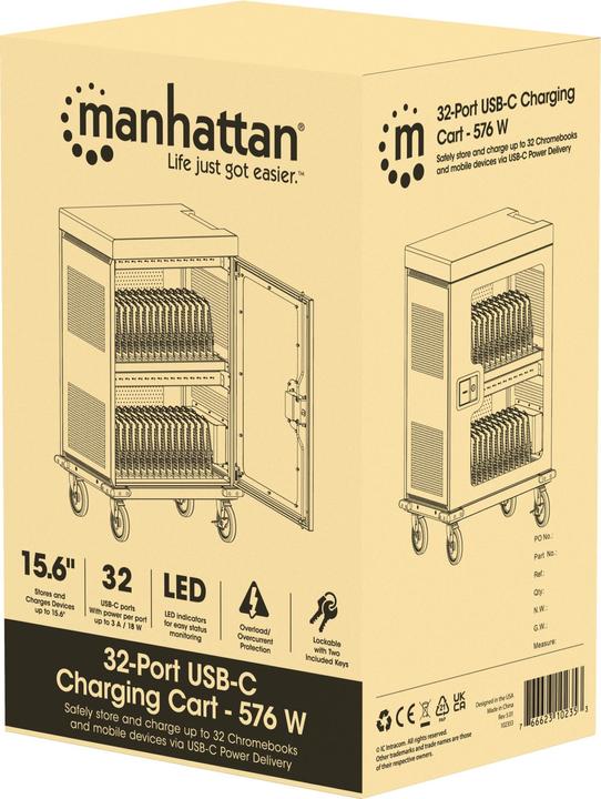Actual product image Manhattan 32-Port USB-C Charging Cabinet on Wheels 576W