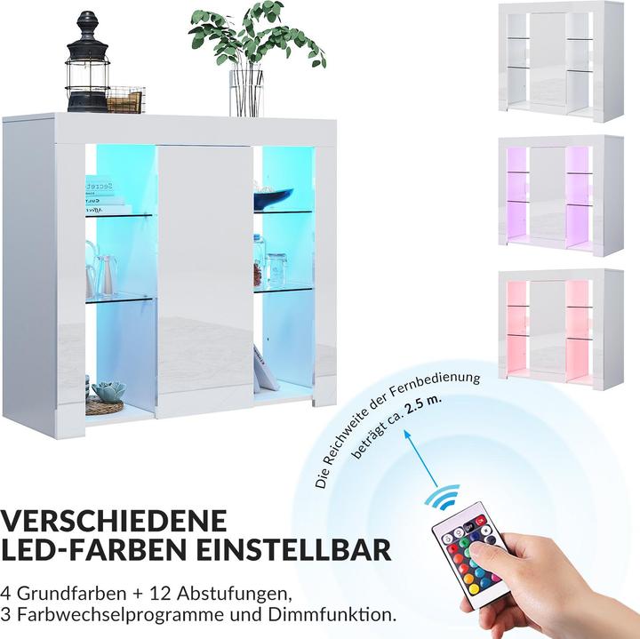 Actual product image SONNI Sideboard, kitchen cabinet with LED lighting (adjustable in 12 colors), white, high gloss, sto