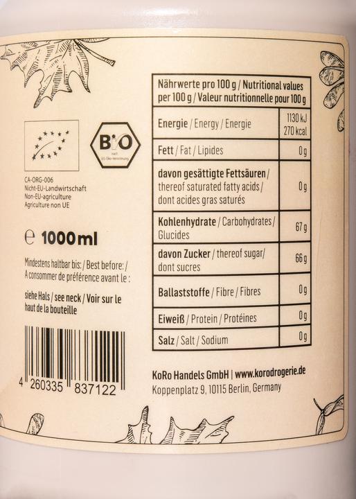 Nährwerte und Zutaten KoRo Bio Ahornsirup (1000 g)
