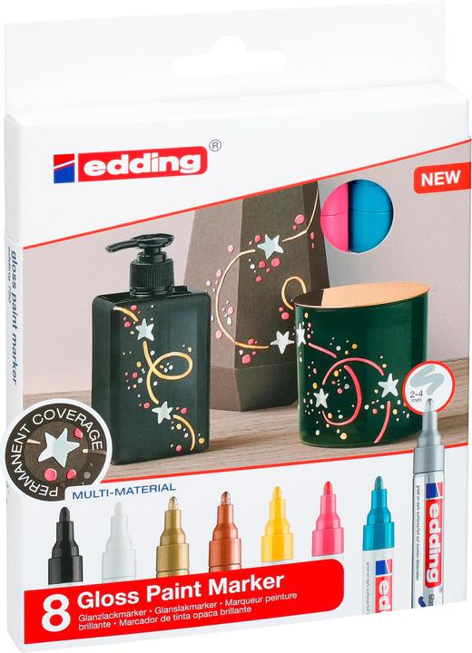 Produktbild Edding Glanzlackmarker (Gelb, Golden, Silbern, Hellblau, Rosa, Weiss, Schwarz, Kupfer, 4 mm, 8 x)