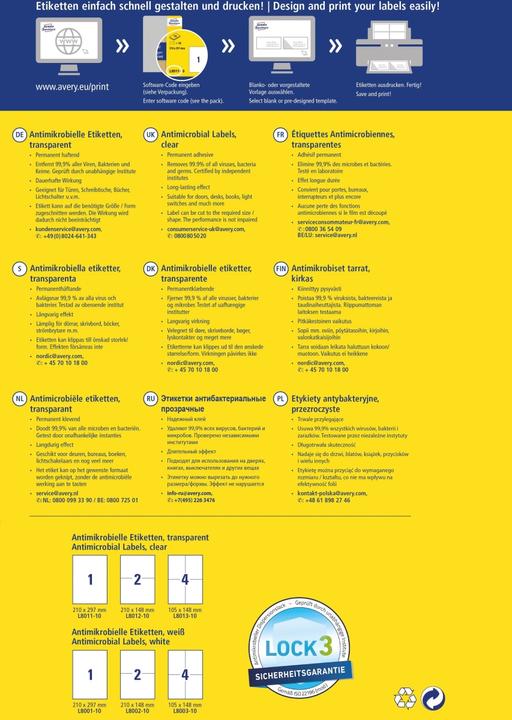 Nutritional values and ingredients Avery AVZ L8011-10 Antimicrobial labels 210x297mm transparent