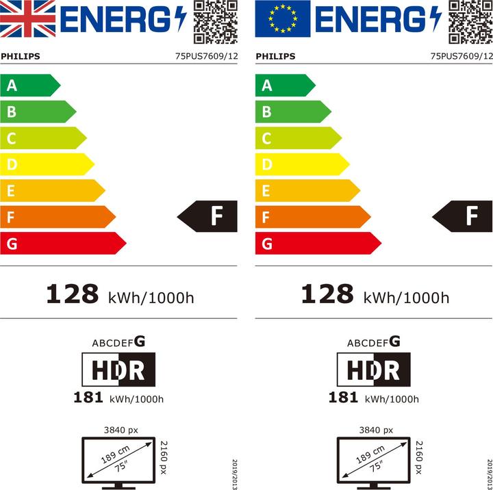 Energie-Label Philips 75PUS7609 189cm 75" 4K LED Smart TV Fernseher (75", LED, 4K)