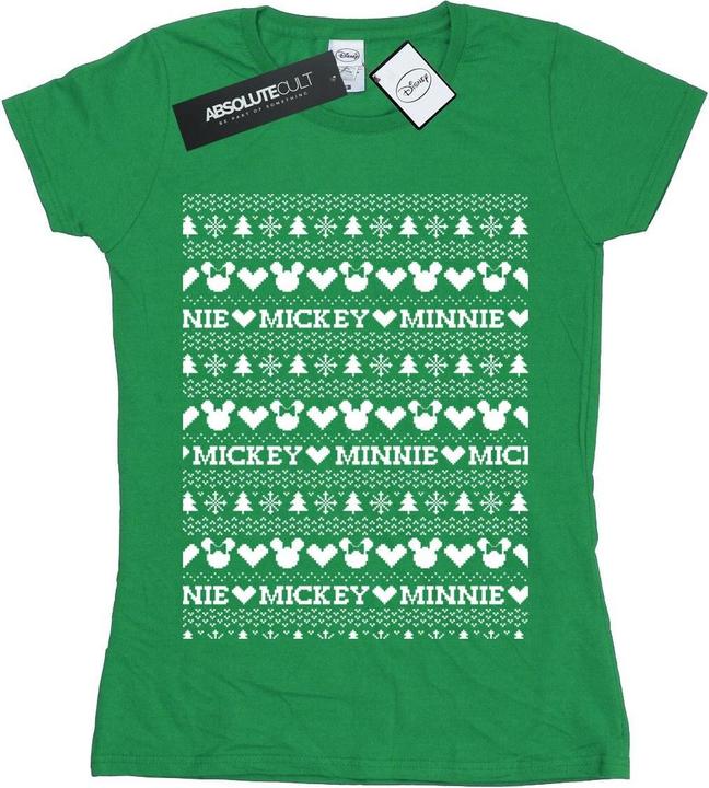 Actual product image Disney Womens/Ladies Mickey And Minnie Christmas Fair Isle Cotton T-Shirt (S)