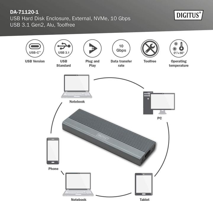 Actual product image Digitus USB M.2 hard disk enclosure, SSD, external, NVMe, 10Gbps, USB 3.1 Gen2, aluminum, toolfree (M.2 2242, M.2 2260, M.2 2280, M.2 2230)