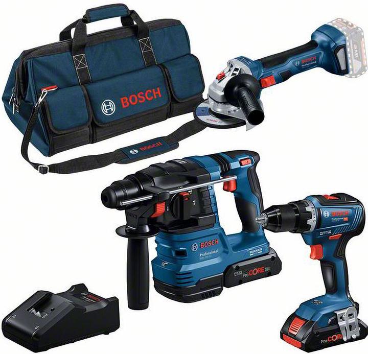 Bosch Professional Kit combo 3 pezzi 18V: GSR 18V-55/GWS 18V-7/GBH 18V-22, 2x batteria, caricatore rapido