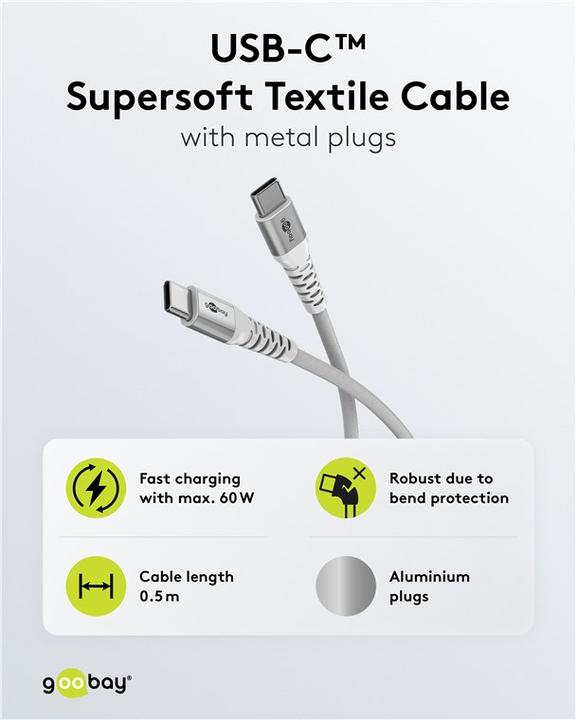Produktbild Goobay USB-C-auf-USB-C-Textilkabel mit Metallsteckern, 2 m, weiss (2 m, USB 2.0)