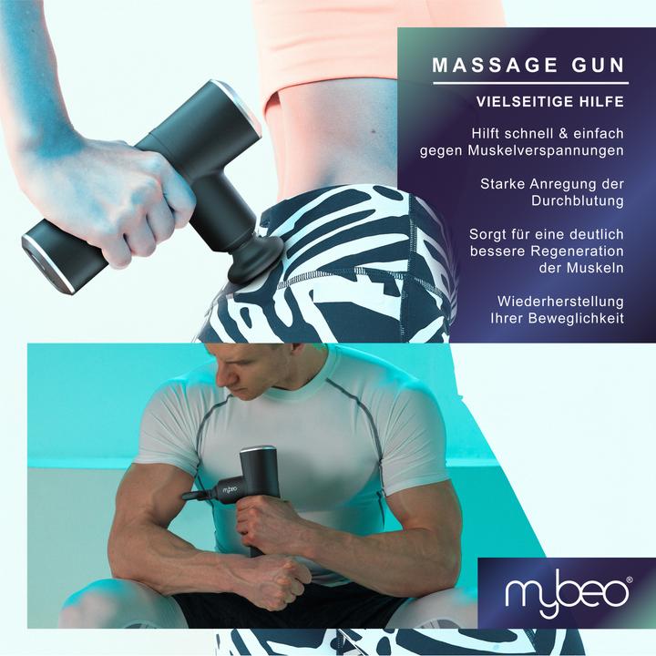 Produktbild Mybeo Massagepistole für Nacken, Schulter, Rücken, 4 Köpfe, 4 Geschwindigkeiten, 3D-Rotation, elektrisch