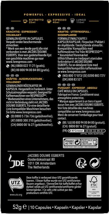 Valori nutrizionali e ingredienti L’OR Espresso Capsule di caffè Espresso Ristretto 10 pezzi (10 x Porta.)
