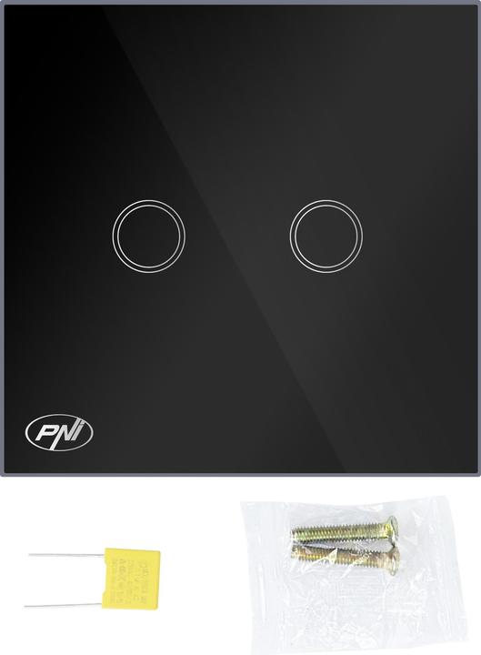 Actual product image PNI SH222 Glass double touch switch, black with LED display, 10 A, 2 x 200 W