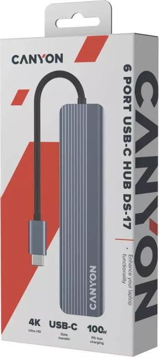 Produktbild Canyon USB-6-in1 HUB USB-C > HDMI/2xUSB-A/SD/1xUSB-C 100W retail (USB-C, 6 Ports)