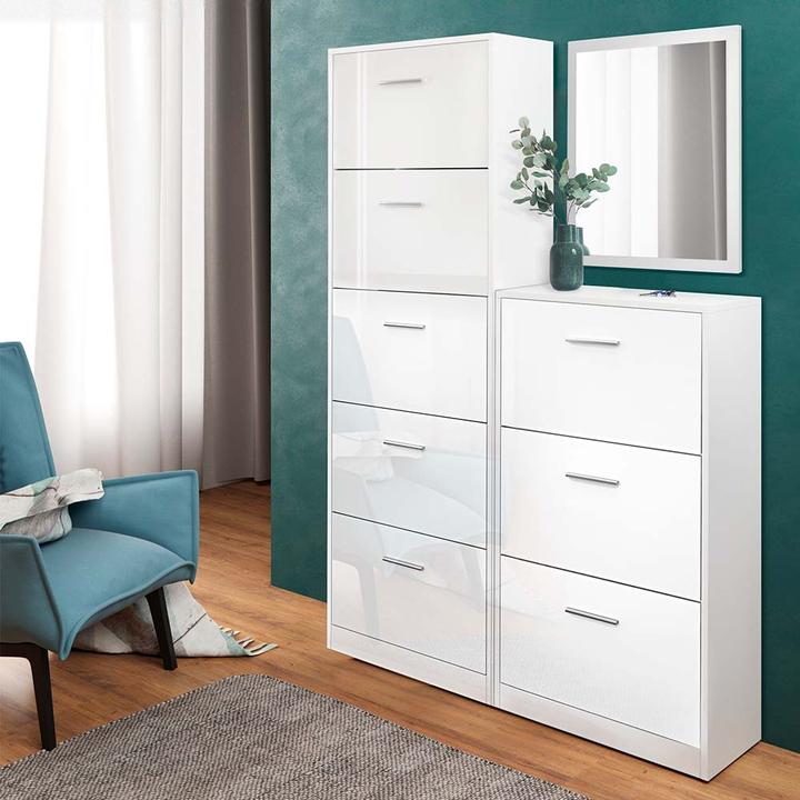 Immagine prodotto Vicco Carrello porta scarpe Gizmo, bianco lucido/bianco, set con specchio (45 x 60 x 2 cm, 59 x 170 x 22 cm, 59 x 105 x 22 cm)