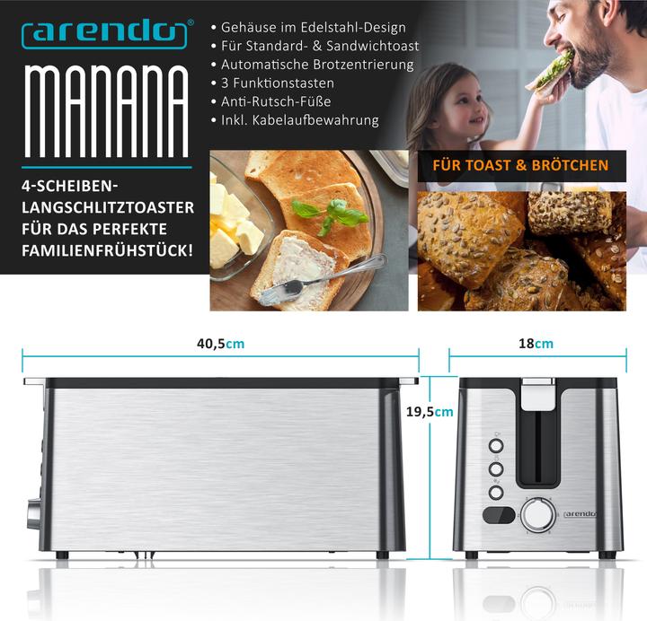 Produktbild Arendo Toaster Langschlitz, Edelstahl, Display mit Restzeitanzeige