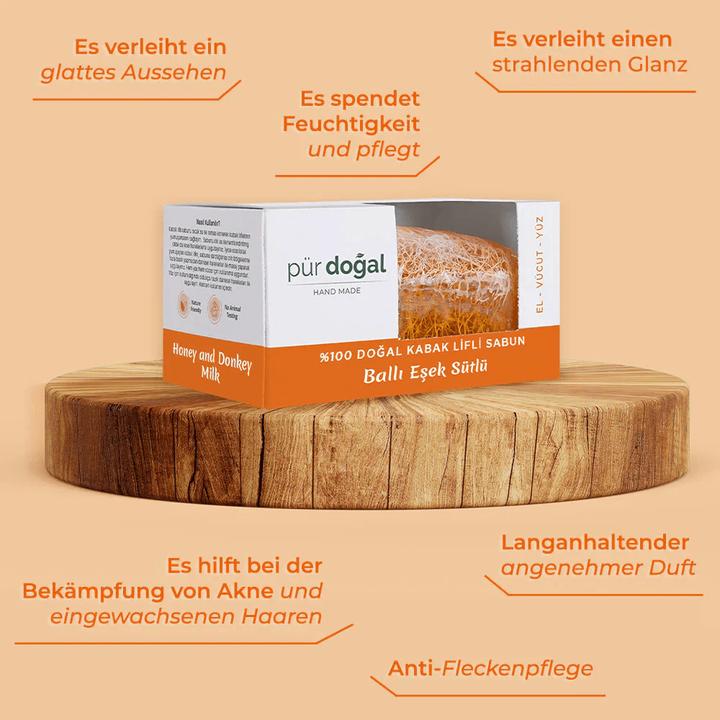 Produktbild Pür Doğal 100% Natürliche Kürbisfaser Seife mit Eselmilch und Honig 130gr (Hartseife)