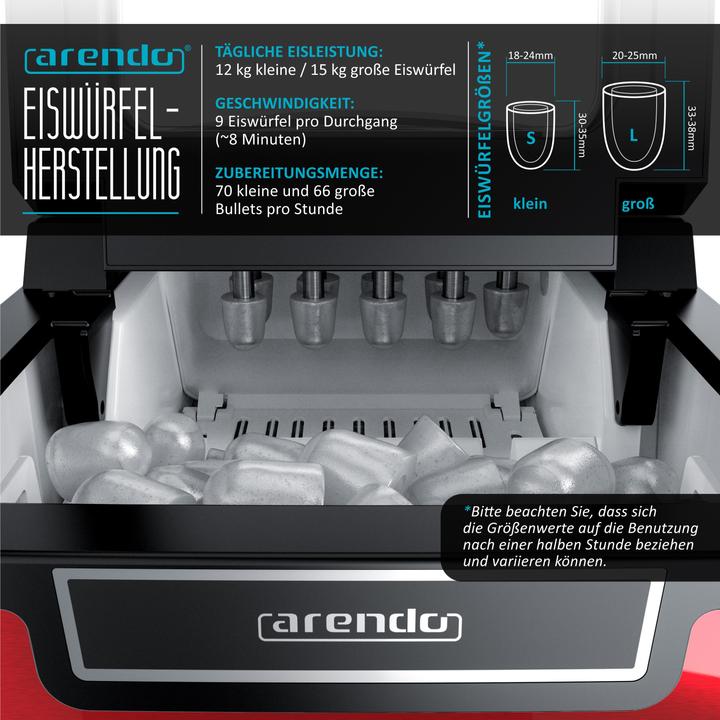 Produktbild Arendo Eiswürfelmaschine, 1,8 Liter Eiswürfelbereiter, 9 Eiswürfel in 8 Minuten, 105W Eiswürfelautomat, rot
