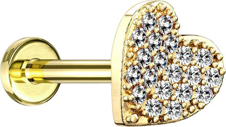 Actual product image Star Piercing Micro Labret Internal Thread 14k Gold Plated Heart with Crystals (Surgical steel 316L, Brass)