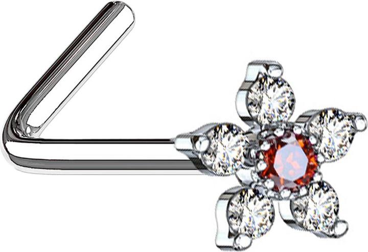 Produktbild Star Piercing Nasenstecker gewinkelt silber Blume mit Kristall rot und silber (Chirurgenstahl 316L, Messing)