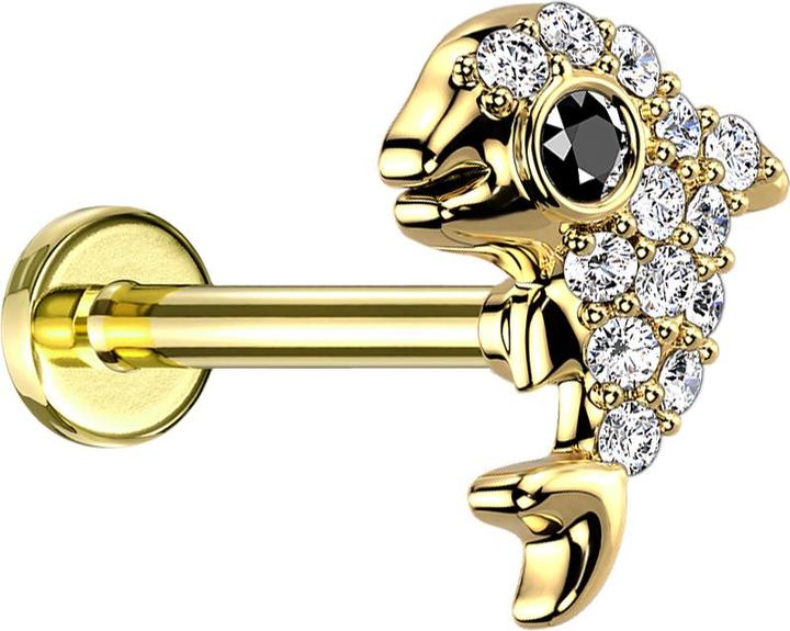 Star Piercing Micro Labret Innengewinde vergoldet Delfin mit Kristallen silber (Messing, Chirurgenstahl 316L)