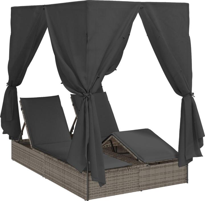 Image du produit VidaXL Doppel-Sonnenliege mit Dach und Vorhängen Grau Poly-Rattan