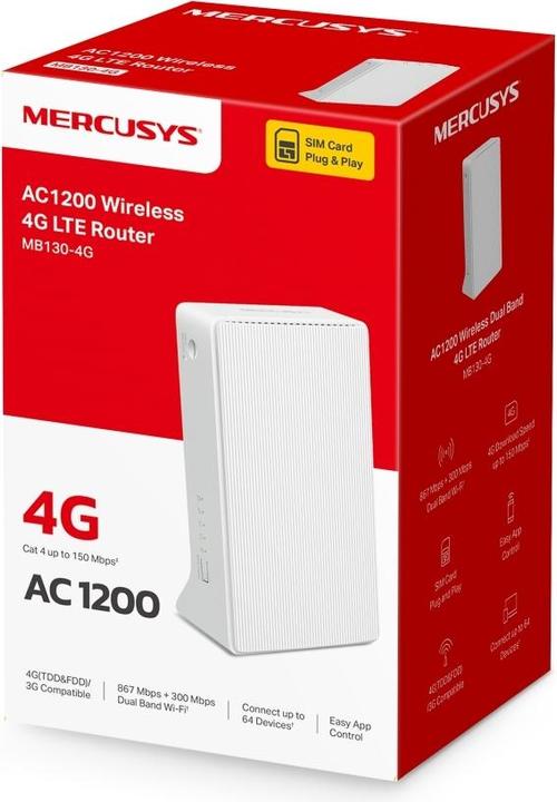 Produktbild Mercusys TP-LINK MB130-4G AC1200 Wi-Fi 4G LTE Router, Build-In 150Mbps 4G LTE Modem