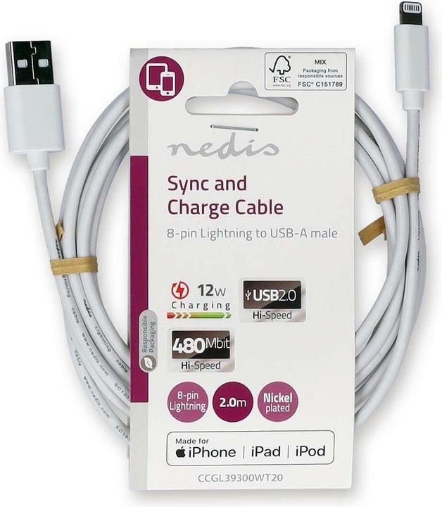 Produktbild Nedis Lightning Kabel | USB 2.0 | Apple Lightning 8-Pin | USB-A Stecker | 480 Mbps | Vernickelt | 2. (2 m, USB 2.0)