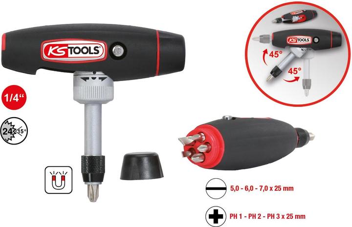 Actual product image KS Tools 1/4 T-handle ratchet bit screwdriver. 7 pcs.