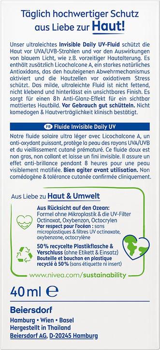 Produktbild NIVEA Sun UV Face Invisible Daily Fluid (Sonnencreme, SPF 50+, 40 ml, 70 g)