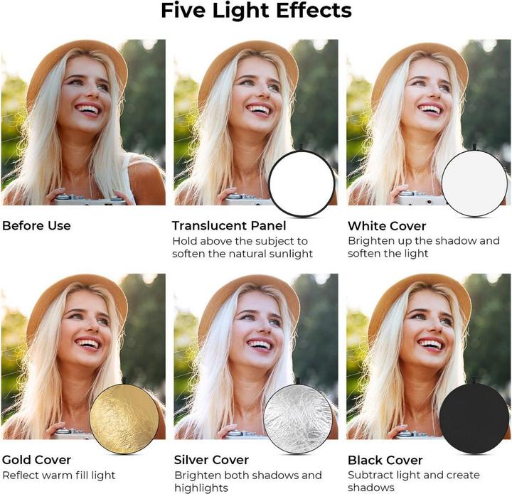 Actual product image K&F Concept 5 in 1 Circular Photography Reflector 56cm Gold Sliver Black White Translucent Panel Five Ligth Effe