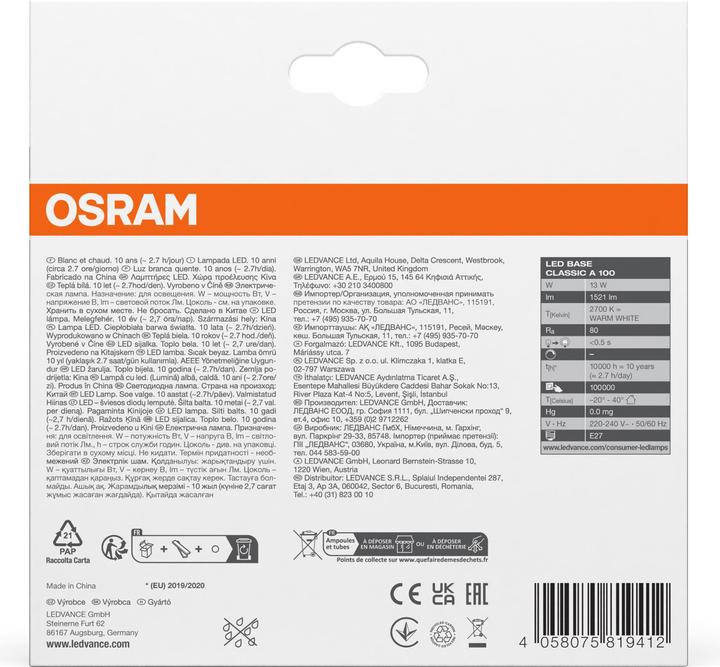 Produktbild Osram Led Base Classic A (E27, 14 W, 1521 lm, 3 x, F)