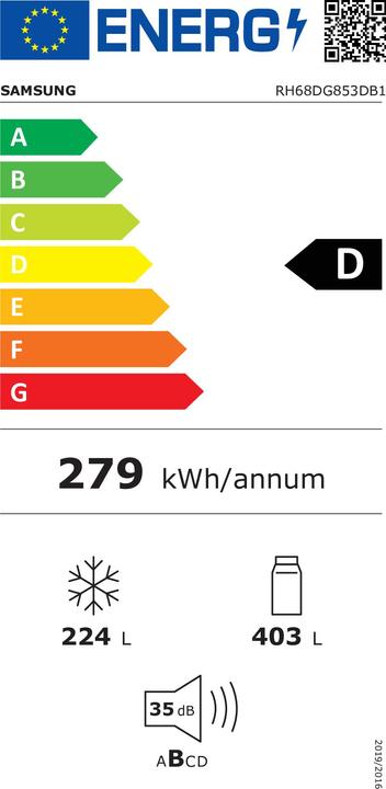 Energy Label Samsung RH68DG853DB1EG Side-by-Side EEK D NoFrost Premium Black Steel (627 l)