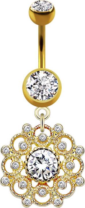Produktbild Star Piercing Banane vergoldet mit Anhänger Filigrane Vintage Blume Kristall silber (Chirurgenstahl 316L, Messing)
