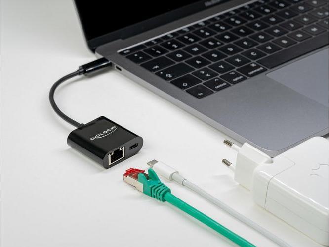Actual product image Delock USB Type-C™ Adapter to Gigabit LAN 10/100/1000 Mbps with Power Delivery Port Black (USB-C, RJ45 Gigabit Ethernet (1x))