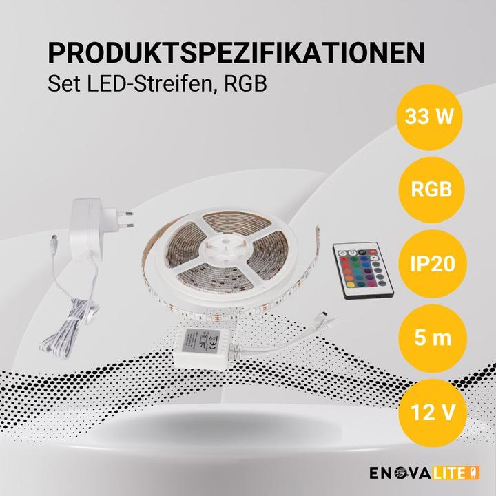 Produktbild Enovalite Set LED-Streifen, RGB, inklusive Fernbedienung und Netzteil (RGB, 500 cm, Indoor)