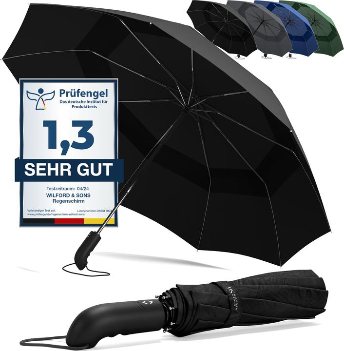 Wilford & Sons Doppelt belüfteter Regenschirm, Schwarz