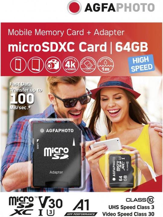 Actual product image AGFAPHOTO MicroSDXC UHS-I 64GB High Speed Class 10 U1 + Adapter (64 GB, microSDXC, U1, UHS-I)