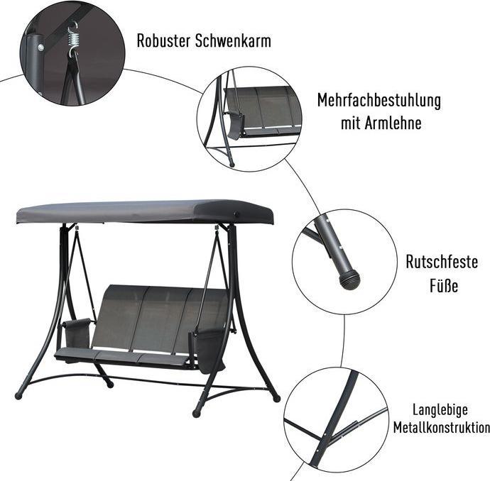 Actual product image Swisshandel24 3-seater Hollywood swing, garden swing with sun canopy, swing bench with shelf, aluminium, grey