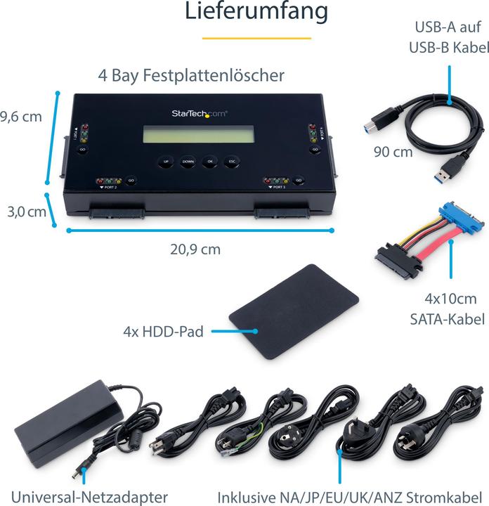 Image du produit StarTech Effaceur de disque dur pour disques SATA 6,35cm/2,5 ou 8,89cm/3,5 pouces - 4 baies - Standalone...