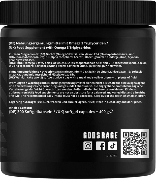 Image du produit Gods Rage Triglycérides Oméga 3 200 Comprimés (300 pièce(s), Capsules)