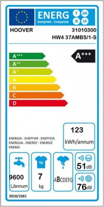 Label énergétique Hoover HW4 37AMBS/1-S (7 kg, Gauche)