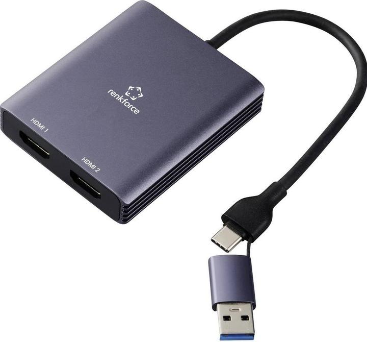 Produktbild Renkforce RF-6418198 USB-C® / HDMI Adapter (1x USB-A, USB-C® - 2x HDMI®) Grau 4K (HDMI, USB Typ-C, 15 cm)