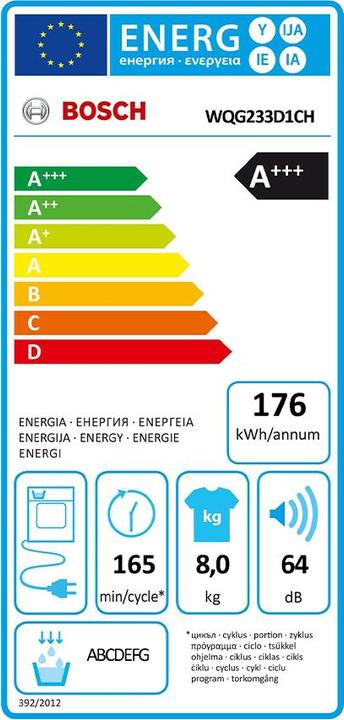 Etichetta energetica Bosch Hausgeräte WQG233D1CH (8 kg, A destra)