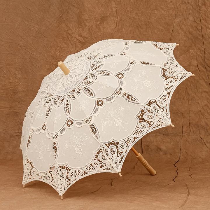 Produktbild Alopini Grosser Vintage-Schirm mit Spitzenstickerei und Holzgriff - elegantes Blumenmuster, manuelles Öffnen