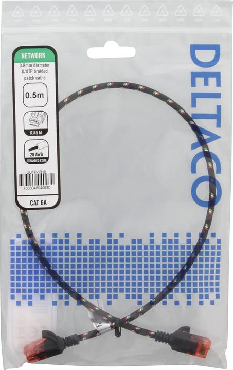 Produktbild Deltaco Tough Slim CAT.6A U/UTP Patch Cable 28AWG 3.8mm 0.5m Black (U/UTP, CAT6a, 0.50 m)