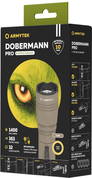 Produktbild ArmyTek Dobermann Pro Magnet USB Sand Warm LED Taschenlampe mit Handschlaufe, mit Holster akkubetri (15 cm, 1400 lm)