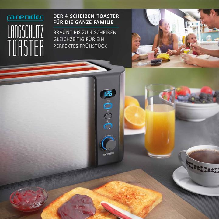 Actual product image Arendo Stainless steel toaster 4 slices long slot, double wall, bun warmer, display with remaining time